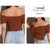 imageLYANER Womens Off Shoulder Ruched Short Sleeve Rib Knit Sexy Crop Top BlouseCaramel