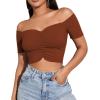 imageLYANER Womens Off Shoulder Ruched Short Sleeve Rib Knit Sexy Crop Top BlouseCaramel