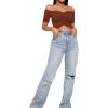 imageLYANER Womens Off Shoulder Ruched Short Sleeve Rib Knit Sexy Crop Top BlouseCaramel