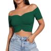 imageLYANER Womens Off Shoulder Ruched Short Sleeve Rib Knit Sexy Crop Top BlouseDark Green