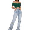 imageLYANER Womens Off Shoulder Ruched Short Sleeve Rib Knit Sexy Crop Top BlouseDark Green
