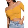 imageLYANER Womens Off Shoulder Ruched Short Sleeve Rib Knit Sexy Crop Top BlouseGinger