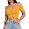 imageLYANER Womens Off Shoulder Ruched Short Sleeve Rib Knit Sexy Crop Top BlouseGinger