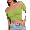 imageLYANER Womens Off Shoulder Ruched Short Sleeve Rib Knit Sexy Crop Top BlouseGrass Green