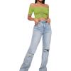 imageLYANER Womens Off Shoulder Ruched Short Sleeve Rib Knit Sexy Crop Top BlouseGrass Green