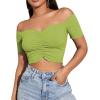 imageLYANER Womens Off Shoulder Ruched Short Sleeve Rib Knit Sexy Crop Top BlouseGrass Green
