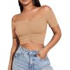 imageLYANER Womens Off Shoulder Ruched Short Sleeve Rib Knit Sexy Crop Top BlouseKhaki