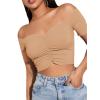 imageLYANER Womens Off Shoulder Ruched Short Sleeve Rib Knit Sexy Crop Top BlouseKhaki
