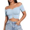 imageLYANER Womens Off Shoulder Ruched Short Sleeve Rib Knit Sexy Crop Top BlouseLight Blue