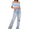 imageLYANER Womens Off Shoulder Ruched Short Sleeve Rib Knit Sexy Crop Top BlouseLight Blue