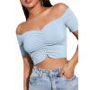 imageLYANER Womens Off Shoulder Ruched Short Sleeve Rib Knit Sexy Crop Top BlouseLight Blue