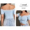 imageLYANER Womens Off Shoulder Ruched Short Sleeve Rib Knit Sexy Crop Top BlouseLight Blue