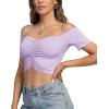 imageLYANER Womens Off Shoulder Ruched Short Sleeve Rib Knit Sexy Crop Top BlouseLight Purple