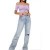 imageLYANER Womens Off Shoulder Ruched Short Sleeve Rib Knit Sexy Crop Top BlouseLight Purple