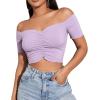 imageLYANER Womens Off Shoulder Ruched Short Sleeve Rib Knit Sexy Crop Top BlouseLight Purple