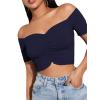 imageLYANER Womens Off Shoulder Ruched Short Sleeve Rib Knit Sexy Crop Top BlouseNavy Blue