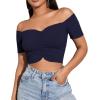 imageLYANER Womens Off Shoulder Ruched Short Sleeve Rib Knit Sexy Crop Top BlouseNavy Blue