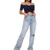 imageLYANER Womens Off Shoulder Ruched Short Sleeve Rib Knit Sexy Crop Top BlouseNavy Blue