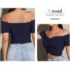 imageLYANER Womens Off Shoulder Ruched Short Sleeve Rib Knit Sexy Crop Top BlouseNavy Blue
