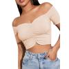 imageLYANER Womens Off Shoulder Ruched Short Sleeve Rib Knit Sexy Crop Top BlouseOffwhite