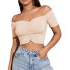 imageLYANER Womens Off Shoulder Ruched Short Sleeve Rib Knit Sexy Crop Top BlouseOffwhite