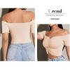 imageLYANER Womens Off Shoulder Ruched Short Sleeve Rib Knit Sexy Crop Top BlouseOffwhite