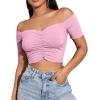 imageLYANER Womens Off Shoulder Ruched Short Sleeve Rib Knit Sexy Crop Top BlousePink