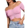 imageLYANER Womens Off Shoulder Ruched Short Sleeve Rib Knit Sexy Crop Top BlousePink