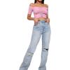 imageLYANER Womens Off Shoulder Ruched Short Sleeve Rib Knit Sexy Crop Top BlousePink