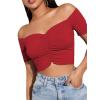 imageLYANER Womens Off Shoulder Ruched Short Sleeve Rib Knit Sexy Crop Top BlouseRed