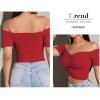 imageLYANER Womens Off Shoulder Ruched Short Sleeve Rib Knit Sexy Crop Top BlouseRed