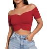 imageLYANER Womens Off Shoulder Ruched Short Sleeve Rib Knit Sexy Crop Top BlouseRed