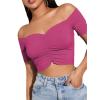 imageLYANER Womens Off Shoulder Ruched Short Sleeve Rib Knit Sexy Crop Top BlouseRose