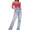 imageLYANER Womens Off Shoulder Ruched Short Sleeve Rib Knit Sexy Crop Top BlouseRose