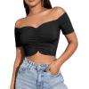 imageLYANER Womens Off Shoulder Ruched Short Sleeve Rib Knit Sexy Crop Top BlouseSolid Black