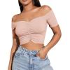 imageLYANER Womens Off Shoulder Ruched Short Sleeve Rib Knit Sexy Crop Top BlouseSolid Dusty Pink