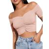 imageLYANER Womens Off Shoulder Ruched Short Sleeve Rib Knit Sexy Crop Top BlouseSolid Dusty Pink