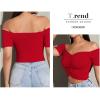 imageLYANER Womens Off Shoulder Ruched Short Sleeve Rib Knit Sexy Crop Top BlouseWatermelon Red