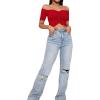 imageLYANER Womens Off Shoulder Ruched Short Sleeve Rib Knit Sexy Crop Top BlouseWatermelon Red
