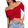 imageLYANER Womens Off Shoulder Ruched Short Sleeve Rib Knit Sexy Crop Top BlouseWatermelon Red