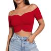 imageLYANER Womens Off Shoulder Ruched Short Sleeve Rib Knit Sexy Crop Top BlouseWatermelon Red