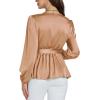 imageLYANER Womens Satin Silky Wraped V Neck Waist Tie Pleated Long Sleeve Blouse Shirt TopBeige