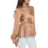 imageLYANER Womens Satin Silky Wraped V Neck Waist Tie Pleated Long Sleeve Blouse Shirt TopBeige