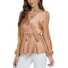 imageLYANER Womens Satin Silky Wraped V Neck Waist Tie Pleated Long Sleeve Blouse Shirt TopBeige