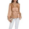 imageLYANER Womens Satin Silky Wraped V Neck Waist Tie Pleated Long Sleeve Blouse Shirt TopBeige