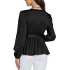 imageLYANER Womens Satin Silky Wraped V Neck Waist Tie Pleated Long Sleeve Blouse Shirt TopBlack