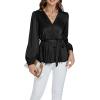 imageLYANER Womens Satin Silky Wraped V Neck Waist Tie Pleated Long Sleeve Blouse Shirt TopBlack