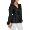 imageLYANER Womens Satin Silky Wraped V Neck Waist Tie Pleated Long Sleeve Blouse Shirt TopBlack