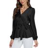 imageLYANER Womens Satin Silky Wraped V Neck Waist Tie Pleated Long Sleeve Blouse Shirt TopBlack