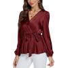 imageLYANER Womens Satin Silky Wraped V Neck Waist Tie Pleated Long Sleeve Blouse Shirt TopBurgundy
